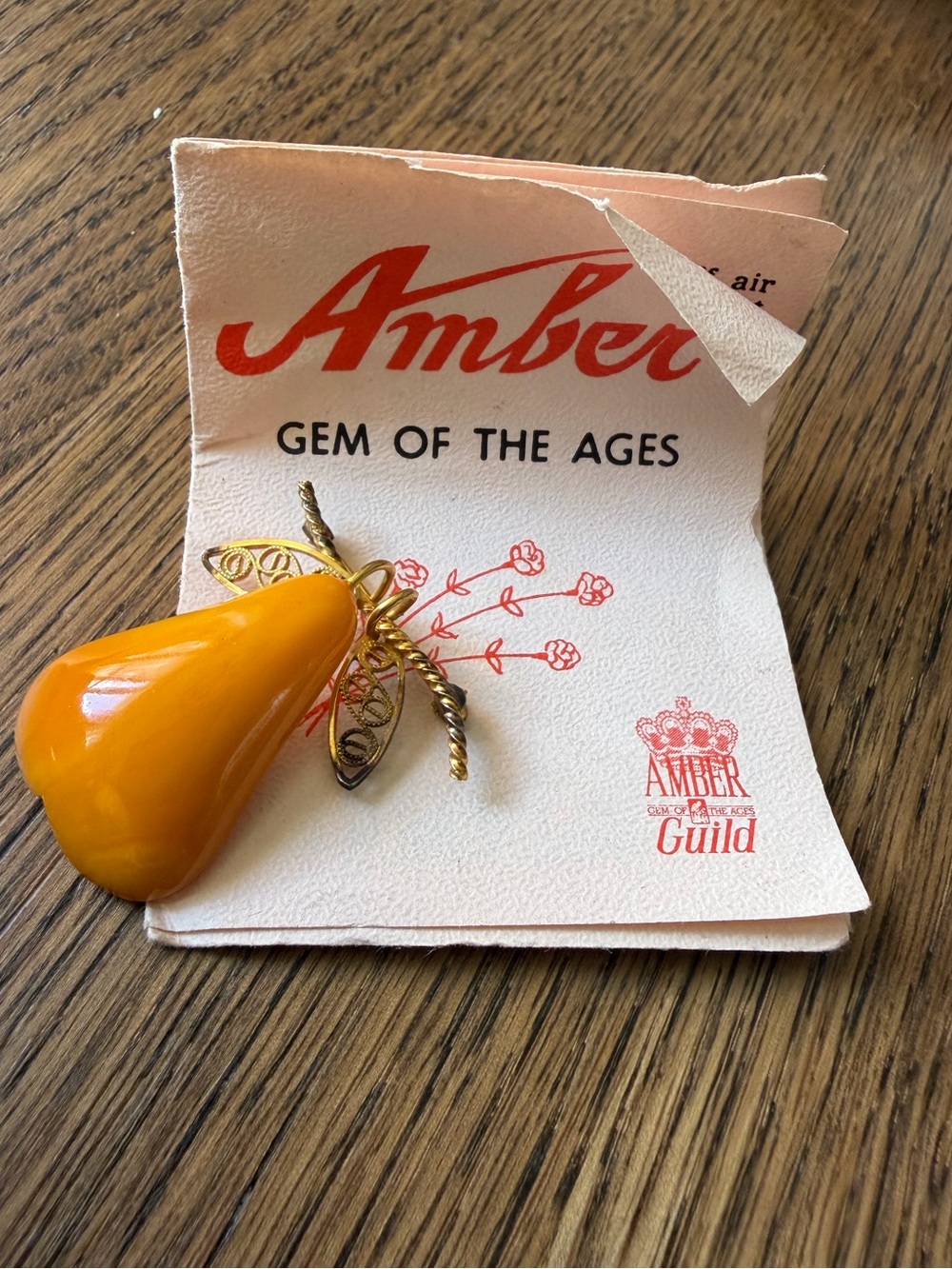 Vintage Amber Guild 12K GF Butterscotch Baltic Amber Pear Brooch Pin MCM
